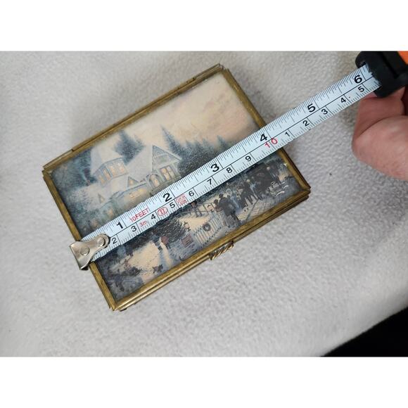 Vintage Enesco Thomas Kinkade Etched Glass Brass Jewelry Trinket Box Cottage - Picture 13 of 16
